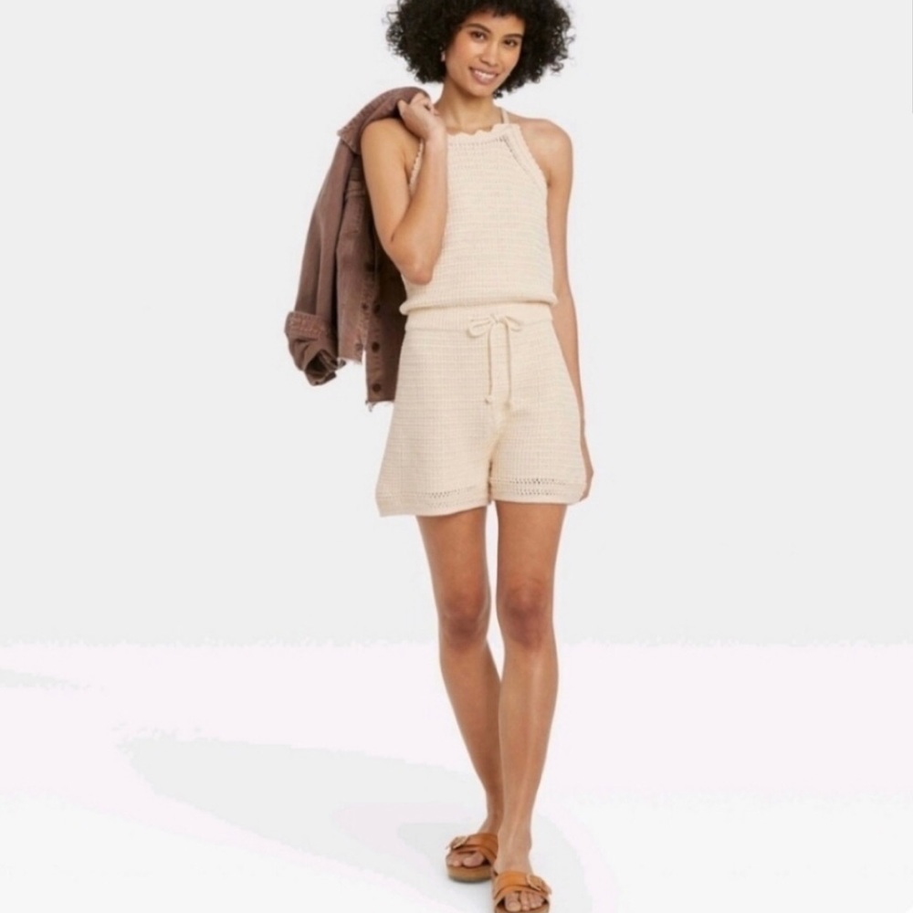 Knitted Crochet Romper Beige Size XS